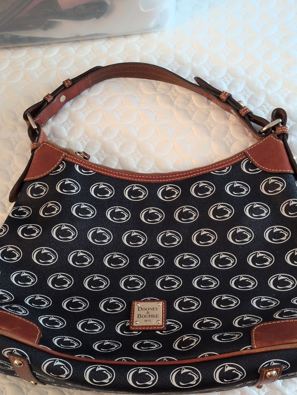 Dooney & Bourke Black Canvas Logo Shoulder Bag with Brown Leather Trim